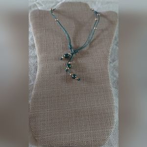 Handmade Green & Gold Pearl & Metallic Green Leather 3-Way Necklace